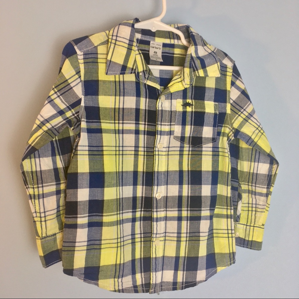 Carters outfit (shirt and pants) plaid button shirt stegosaurus with navy pants